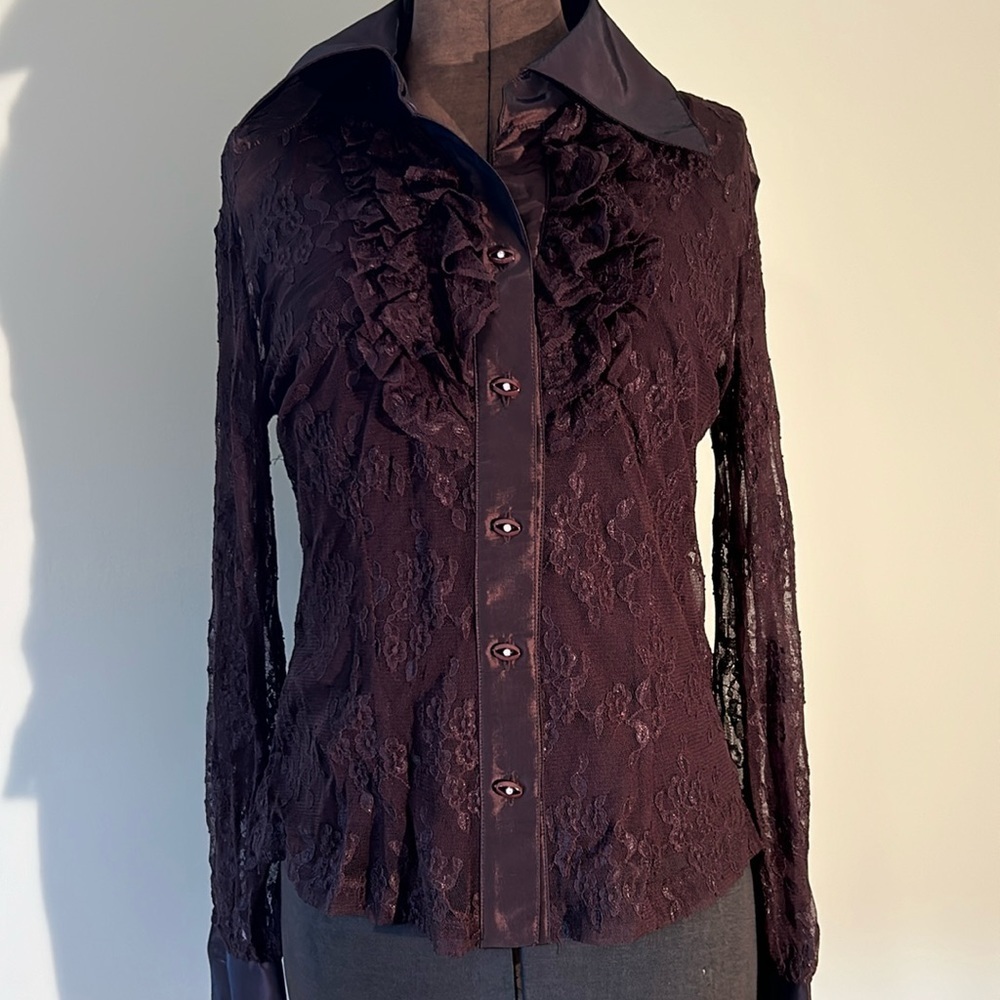 Svetlana size 10 brown polyester and lace long sleeve blouse with detached cami